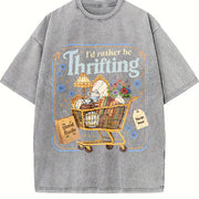 I'd Rather Be Thrifting Cute Thrift Cart Quote vintage washed oversized T-shirt in Gray
