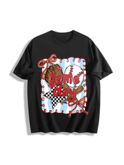 Baseball Game Day Coquette Bow Baseball Mama Cotton T-Shirt in Black