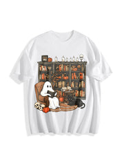 Retro Ghost Reading Books Cotton T-Shirt in White