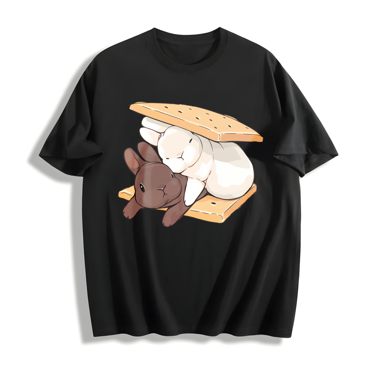 Two Rabbits Lying Blouse for & Cotton T-Shirt in Black