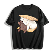 Two Rabbits Lying Blouse for & Cotton T-Shirt in Black