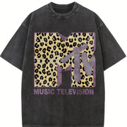 MTV Classic Leopard Bold Logo Vintage Washed T-Shirt in Black