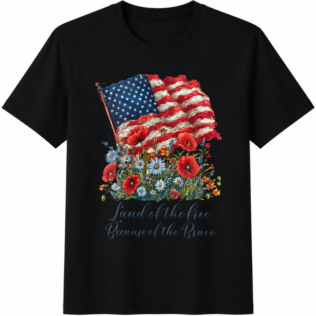 Land of the Free Because of the Brave Patriotic Cotton T-Shirt in Black
