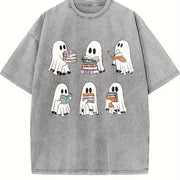 Ghost Reading Book Lover Vintage Washed T-Shirt in Gray