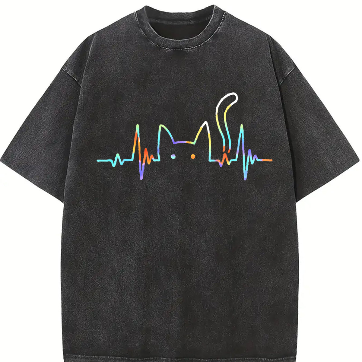 Heartbeat Cat Lover Animal Silhouette Cute Cat vintage washed oversized T-shirt in Black