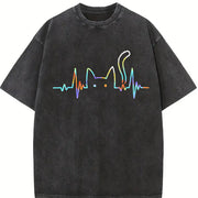 Heartbeat Cat Lover Animal Silhouette Cute Cat vintage washed oversized T-shirt in Black