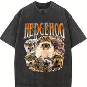 Hedgehog Animal Lover Vintage Washed T-Shirt in Black