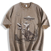 Retro Jesus Riding Dinosaur Under UFO Religious Vintage Washed T-Shirt in Brown