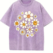 Retro Flowers Daisy Flower Vintage Washed T-Shirt in Purple