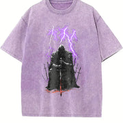 Medieval Knight Dark Fantasy Lightning Warrior Gothic Vintage Washed T-Shirt in Purple