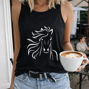 Horse Head Outline Women's Color Cotton Tank Top in Black
