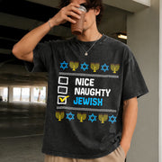 Nice Naughty Jewish Hanukkah Vintage Washed T-Shirt in Black