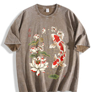 Koi Fish and Lotus Vintage Washed T-Shirt in Brown