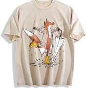 Fox in the Rain Fashionable Vintage Washed T-Shirt in Beige