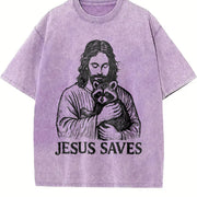 Retro Religious Jesus Hugs Raccoon Christ Vintage Washed T-Shirt in Purple