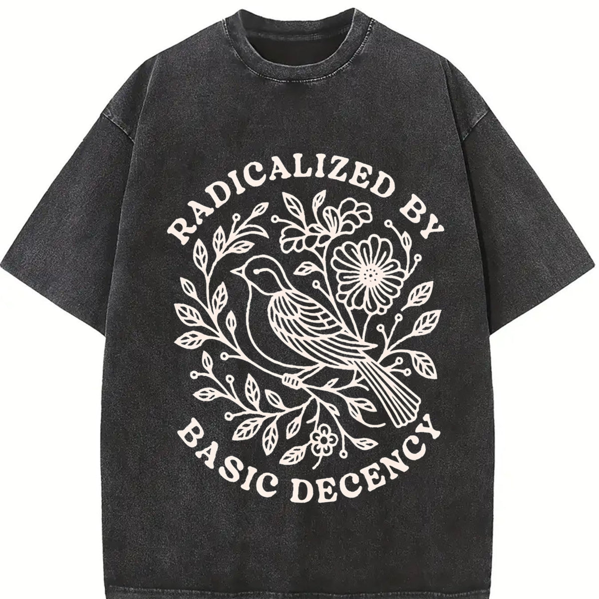 Radicalized by Basic Decency Floral Bird Vintage Washed T-Shirt in Black