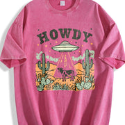 Howdy Ufo Western Cow Retro Cowboy 90s Desert Cactus Y2k Vintage Washed T-Shirt in Red