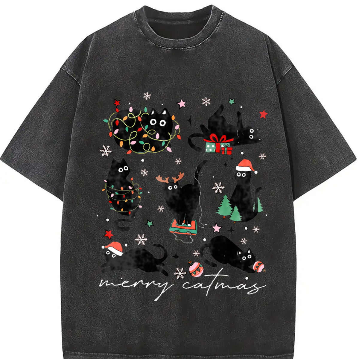 Merry Catmas Christmas Cat Vintage Washed T-Shirt in Black