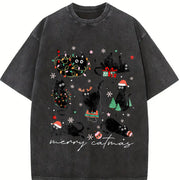 Merry Catmas Christmas Cat Vintage Washed T-Shirt in Black