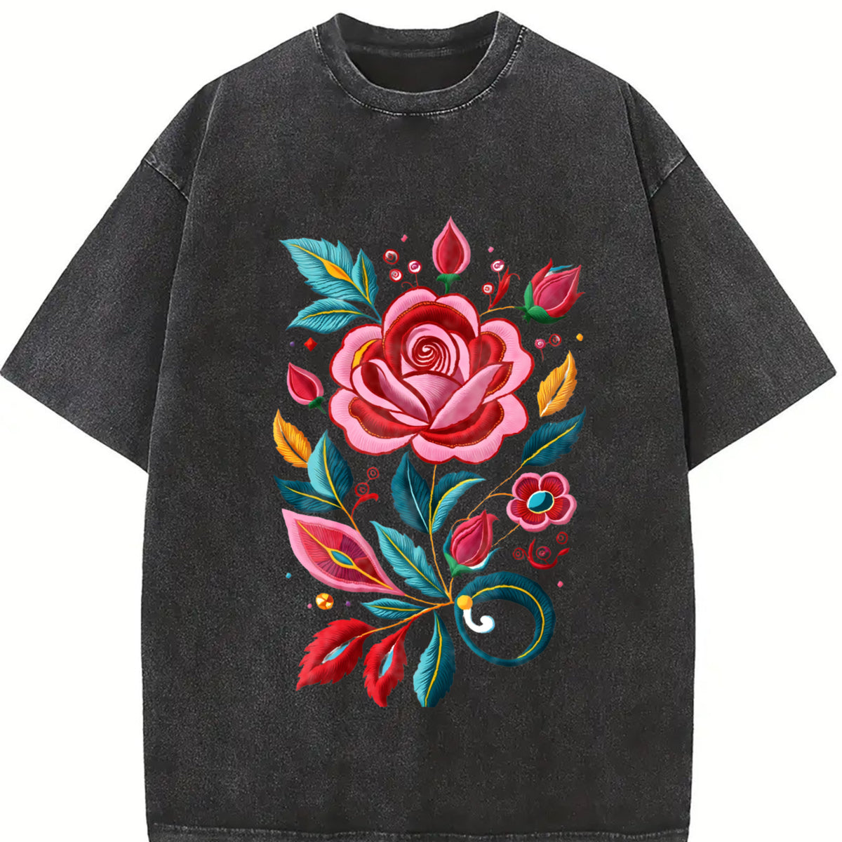 Bohemian Floral Imitation Embroidery Vintage Washed T-Shirt in Black