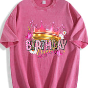 Birthday Queen Cartoon Spring/ Regular Length vintage washed oversized T-shirt in Red