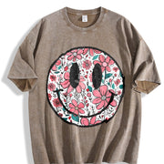 Floral Happy Face Mother's Day for Mom Cute vintage washed oversized T-shirt in Brown