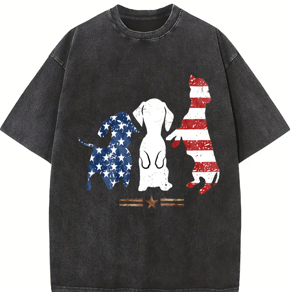 Patriotic Dog Silhouette Boxy Retro Y2K Vibes or Lived-in Vintage Washed T-Shirt in Black
