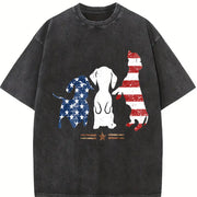 Patriotic Dog Silhouette Boxy Retro Y2K Vibes or Lived-in Vintage Washed T-Shirt in Black