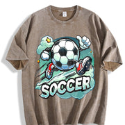 Cartoon Soccer Ball Vintage Washed T-Shirt in Brown