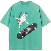 Emo Skater Cat vintage washed oversized T-shirt in Blue