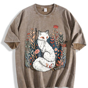 Luokeren Retro Floral Fox Vintage Washed T-Shirt in Brown