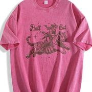 Hell Cat Cowgirl Riding Tiger Vintage Washed T-Shirt in Red