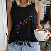 Rainbow Paw Prints Trail Crew-neck Sleeveless Vest Outdoor Women's Color Cotton Tank Top in Black