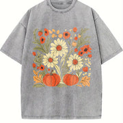 Boho Fall Floral Retro Fall Vintage Washed T-Shirt in Gray