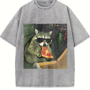 Raccoon Eating Pizza vintage washed oversized T-shirt in Gray