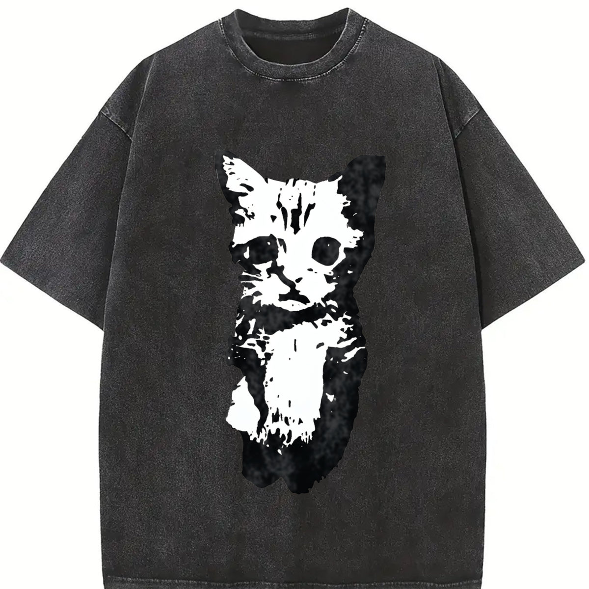 Cat Y2k Gothic Grunge Y2k Emo Scene Amity Affliction Vintage Washed T-Shirt in Black