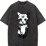 Cat Y2k Gothic Grunge Y2k Emo Scene Amity Affliction Vintage Washed T-Shirt in Black