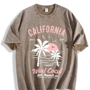 California Surf Beach with Palm Trees & Retro Vintage Washed T-Shirt in Brown