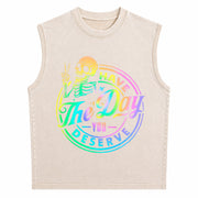 Have the Day You Deserve Skeleton Tie Dye Motivational Vintage Washed Tank Top in Beige