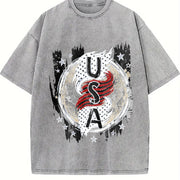 Vertical USA Flag Eagle Vintage Washed T-Shirt in Gray