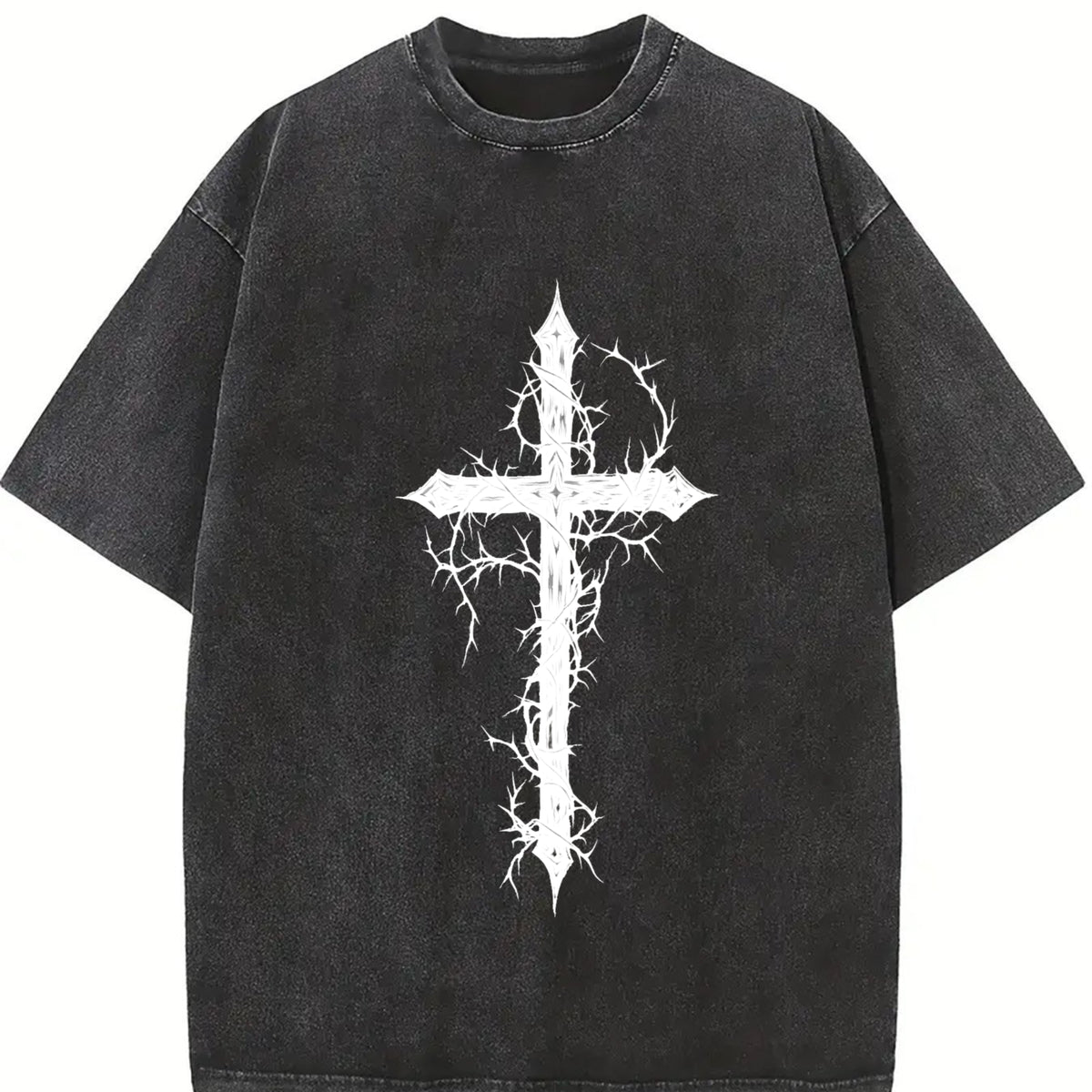 Thorn Cross Gothic Cross Biblical Cross Art Jesus vintage washed oversized T-shirt in Black