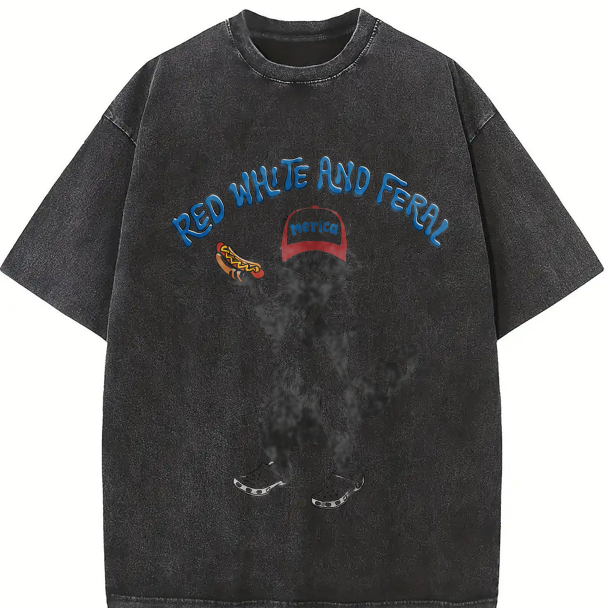 USA Red White Feral Racoon Hot dog Party America vintage washed oversized T-shirt in Black