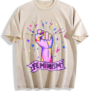 Luokeren Feminist Retro with Empowerment Fist & Stars Vintage Washed T-Shirt in Beige