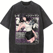 Japanese Reze Chainsaw Man Anime Beach vintage washed oversized T-shirt in Black