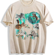 Cats Flying in Galaxy 90s Vintage Washed T-Shirt in Beige
