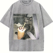 With Cat Coffee Cup in the Car Vintage Washed T-Shirt in Gray