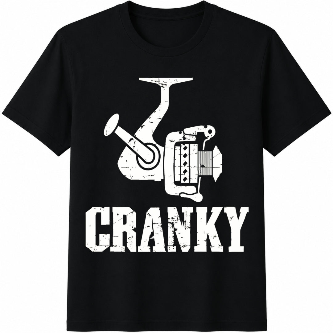 Cranky Fishing Reel Fisherman Fisher Man Fishing Dad Cotton T-Shirt in Black
