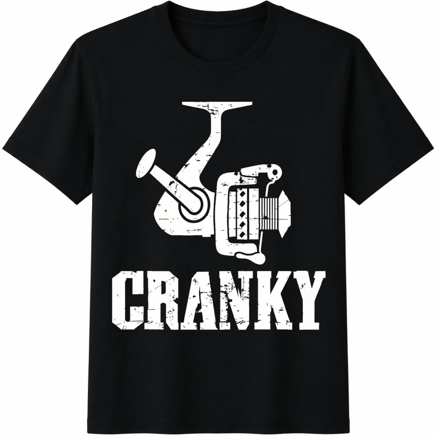 Cranky Fishing Reel Fisherman Fisher Man Fishing Dad Cotton T-Shirt in Black