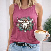 Western Cow Skull Women's Color Cotton Tank Top in Red