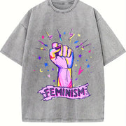 Luokeren Feminist Retro with Empowerment Fist & Stars Vintage Washed T-Shirt in Gray